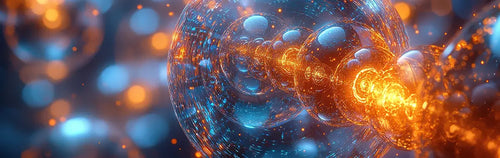 Nahaufnahme verschachtelter klarer Kugeln mit einem feurigen gold-orangefarbenen Lichtstrom vor kühlem blauem Hintergrund.