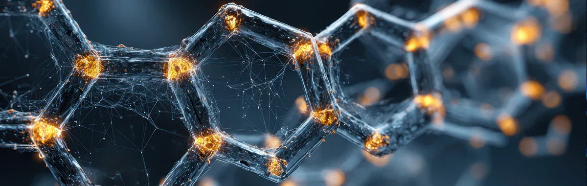 Nahaufnahme geometrischer Molekülstruktur mit leuchtenden Verbindungspunkten