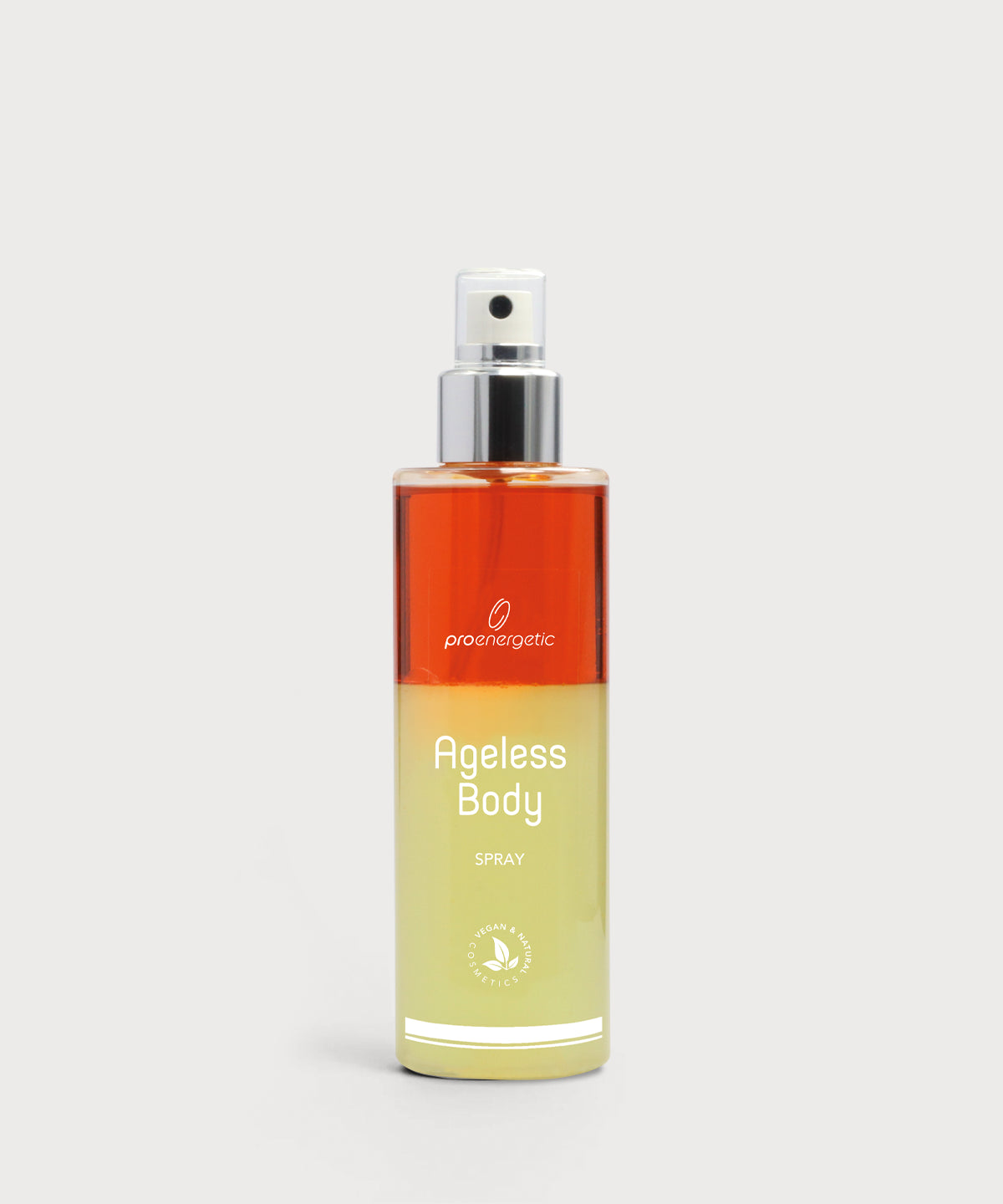 Ageless Body Spray in transparenter Sprühflasche mit silbernem Pumpkopf, zweifarbiger Flüssigkeit in Orange und Gelb, minimalistisches Design vor hellem Hintergrund.