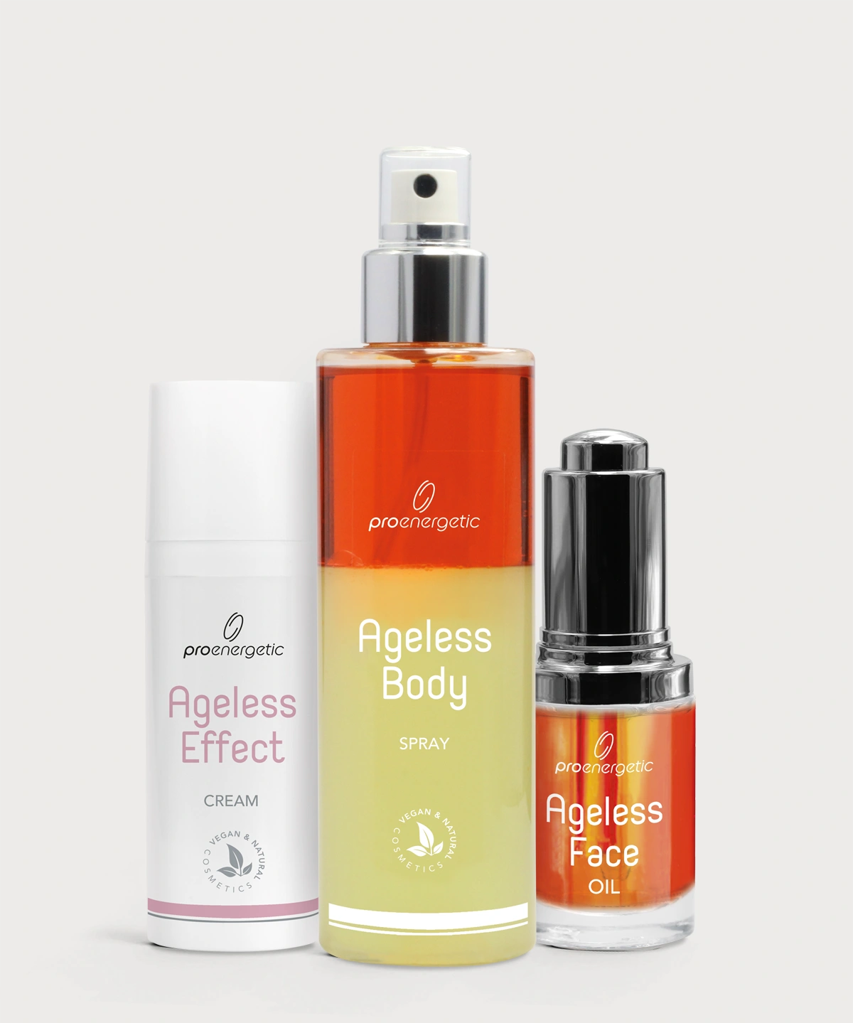 Drei Pflegeprodukte Ageless Effect Cream, Ageless Body Spray und Ageless Face Oil von ProEnergetic auf hellem Hintergrund.