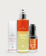 Drei Pflegeprodukte Ageless Effect Cream, Ageless Body Spray und Ageless Face Oil von ProEnergetic auf hellem Hintergrund.