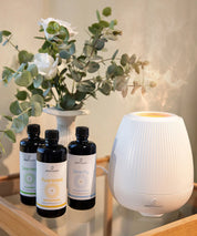 Weißer ProEnergetic Aroma Diffuser auf einem Tisch, daneben drei dunkle Glasflaschen mit ProEnergetic Duftessenzen und eine Vase mit grünen Zweigen im Innenraum