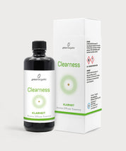 Schwarze ProEnergetic Aroma Diffuser Essence Clearness Flasche neben weißer Produktverpackung mit grünem Akzent, Produktname Clearness und Etikettendetails sichtbar