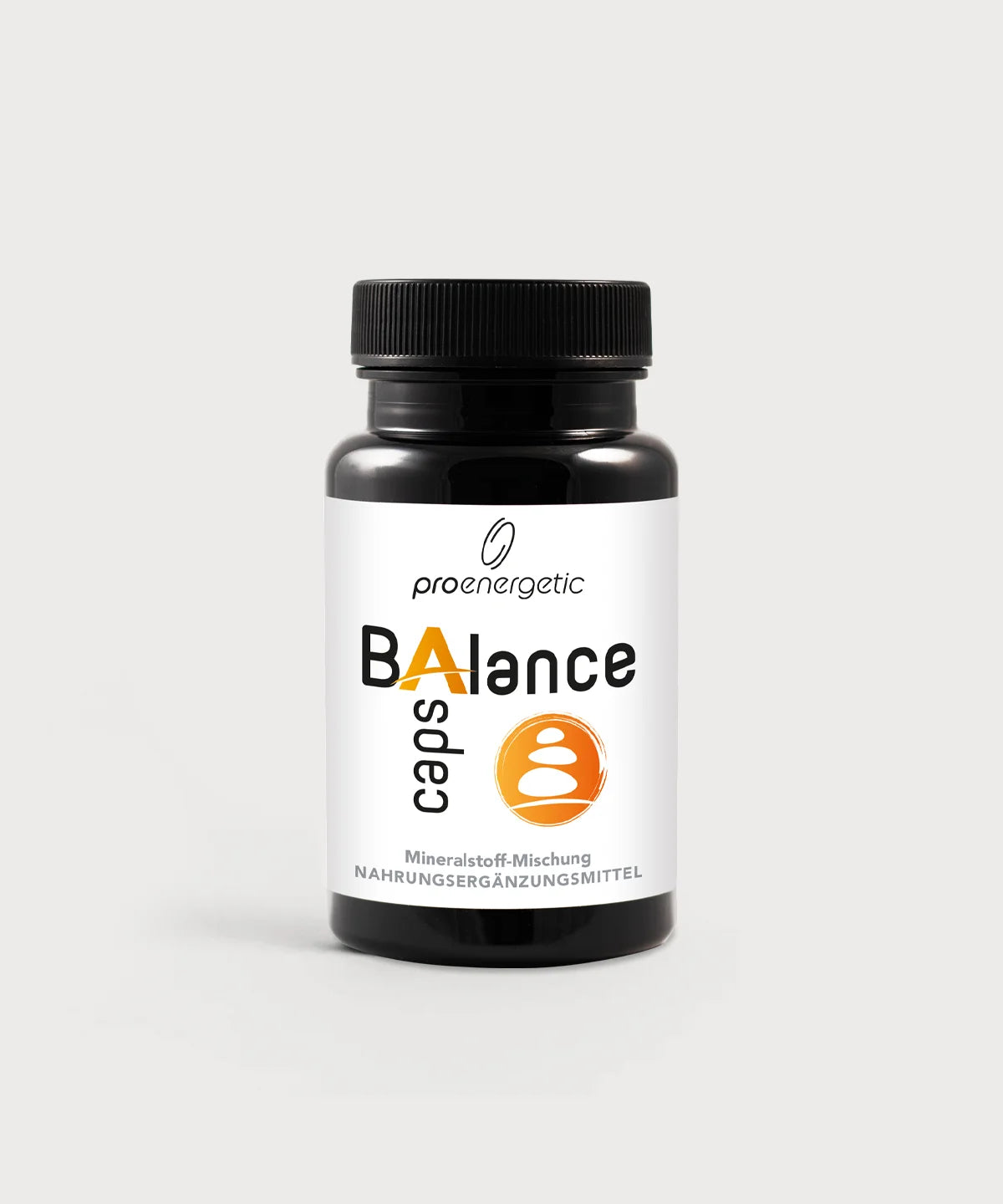 Balance Caps von ProEnergetic. Mineralstoff-Mischung in schwarzer Dose mit Schraubdeckel auf hellem Hintergrund.