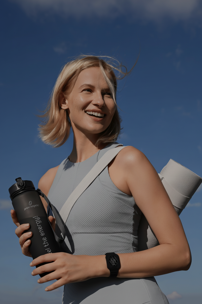 Lächelnde Frau mit umgehängter Yogamatte und schwarzer Pure Move Trinkflasche vor blauem Himmel