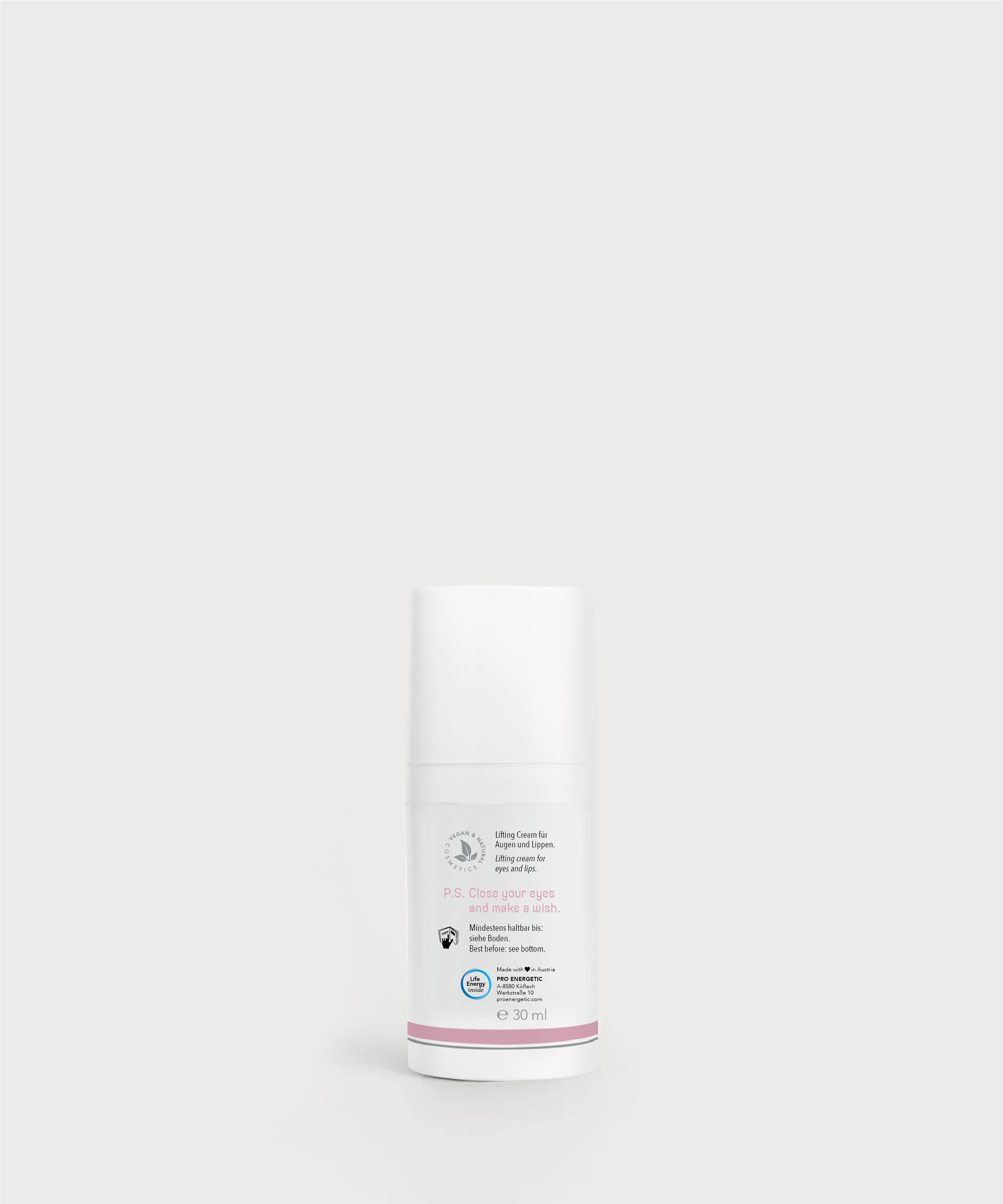 Rückseite der Bright Eyes and Lips Lifting Cream Flasche von ProEnergetic mit Produktinformationen und 30 ml Angabe.