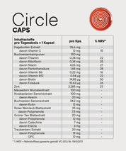 Nährwerttabelle Circle Caps mit Inhaltsstoffen pro Kapsel und % NRV Angaben zu Vitaminen, Zink und Pflanzenextrakten.