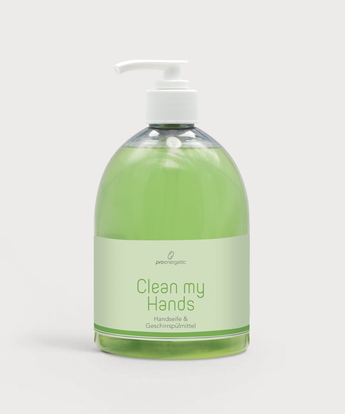 Clean my Hands in transparenter Pumpflasche mit grünem Inhalt und hellem Etikett auf neutralem Hintergrund