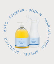 Clean my Home Reiniger in Pumpflasche mit gelbem Inhalt und mit Sprayflasche, umgeben von Textkreis mit Anwendungsbereichen Auto, Fenster und Boden
