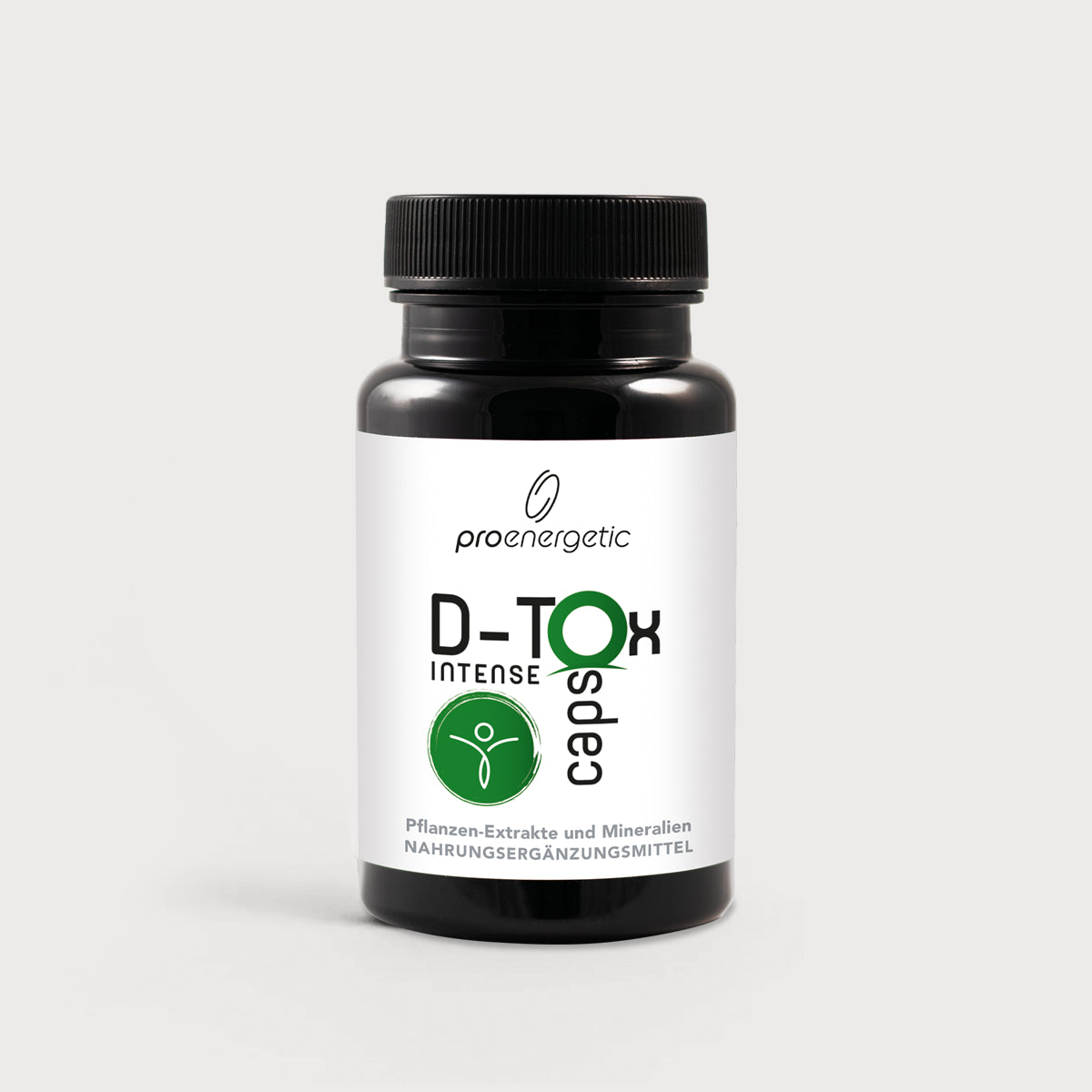 Schwarze Kapselverpackung D-Tox Intense Caps von ProEnergetic mit Schraubdeckel und Etikett mit grünem Symbol und Produktname