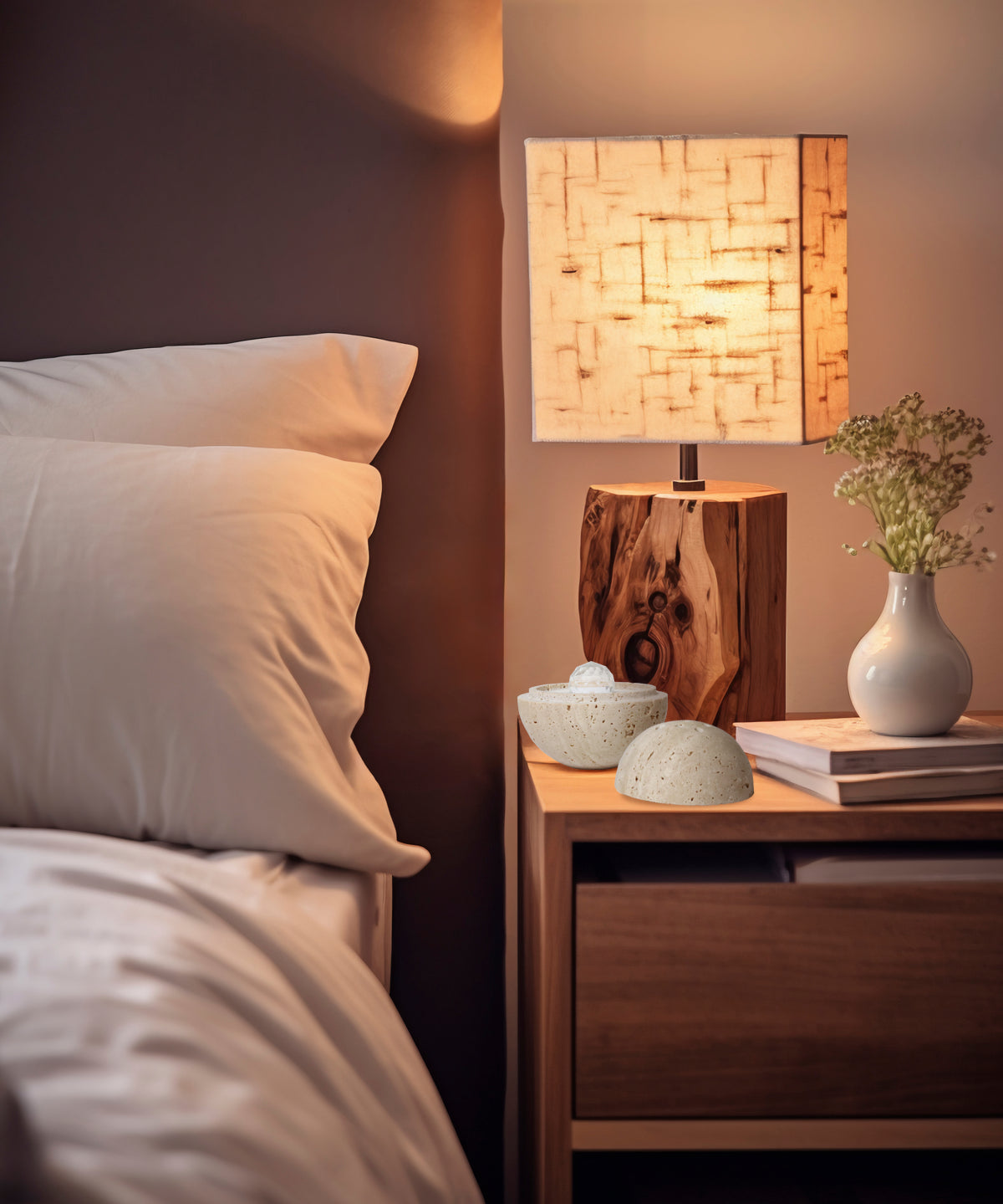 Dormea Kugel von ProEnergetic geöffnet auf Nachttisch neben Lampe, Buch und Vase im Schlafzimmer.