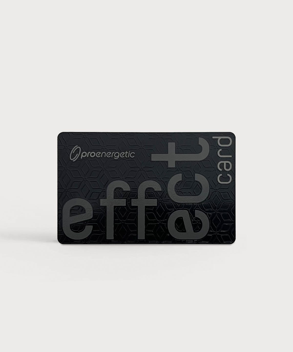 Schwarze Karte mit ProEnergetic Logo und Aufschrift effect card plus Symbol auf hellem Hintergrund.