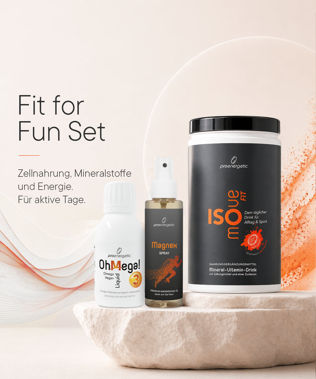 ProEnergetic Fit for Fun Set – ISOmove Fit, OhMega! Omega-3 Liquid und Magnex Magnesium-Spray für Energie, Mineralstoffe und Regeneration.