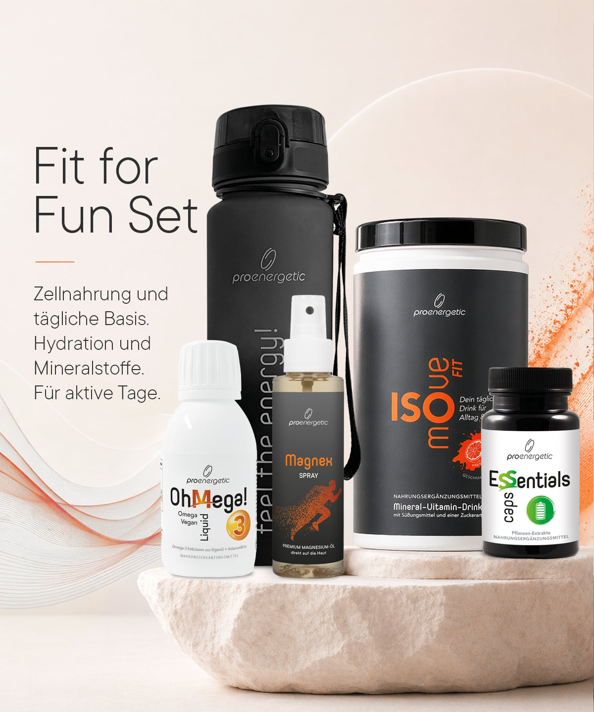 ProEnergetic Fit for Fun Set mit ISOmove Fit, OhMega! Omega-3, Essentials Caps, Magnex Magnesium-Spray und Trinkflasche für aktive Tage.