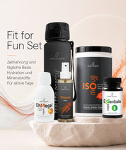 ProEnergetic Fit for Fun Set mit ISOmove Fit, OhMega! Omega-3, Essentials Caps, Magnex Magnesium-Spray und Trinkflasche für aktive Tage.