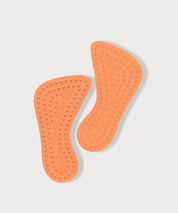 Zwei orangefarbene Footdoc Insoles MOVE | BALANCE Einlegesohlen mit ergonomischer Form und genoppter Oberfläche, dargestellt auf hellem Hintergrund.