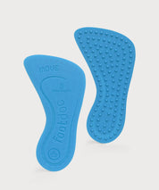 Two blue Footdoc Move insoles with a dotted pattern on a light-colored background