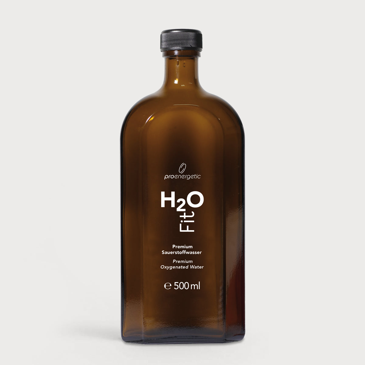 Braune Glasflasche H2O Fit von ProEnergetic mit schwarzem Schraubverschluss und weißer Beschriftung 500 ml.