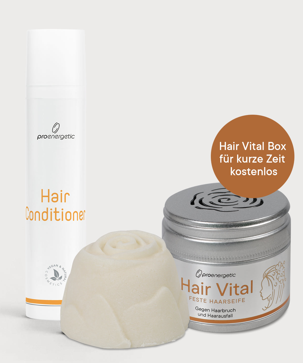Hair Vital Pflegeritual mit Hair Conditioner, Hair Vital Haarseife und Hair Vital Box auf hellem Hintergrund.
