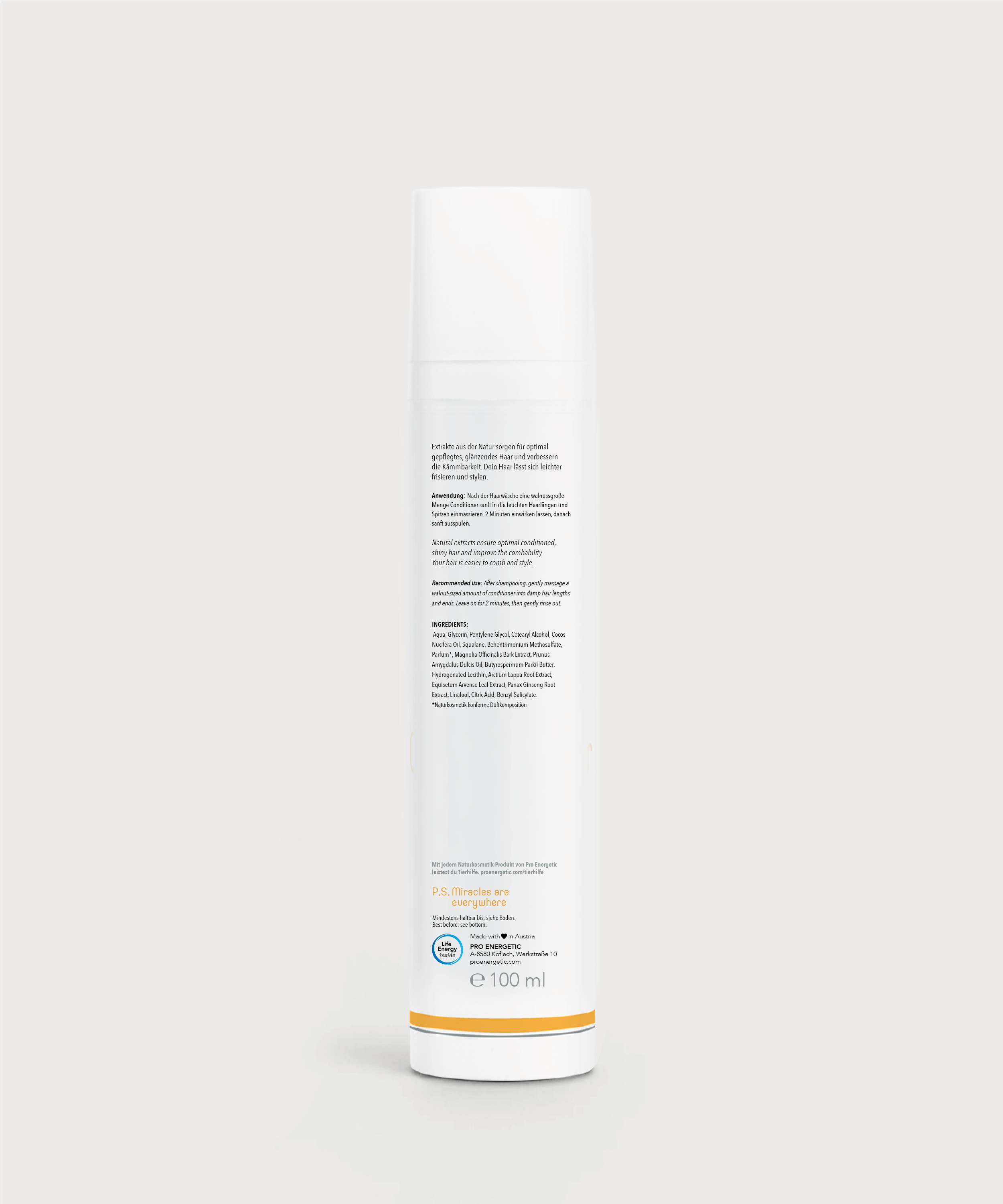 Rückseite der Hair Conditioner Flasche von ProEnergetic mit Produktbeschreibung, Inhaltsstoffen, Qualitätssiegeln und Füllmenge 100 ml.