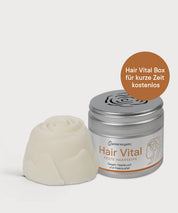 Hair Vital Haarseife neben Hair Vital Box mit Schraubdeckel auf hellem Hintergrund.