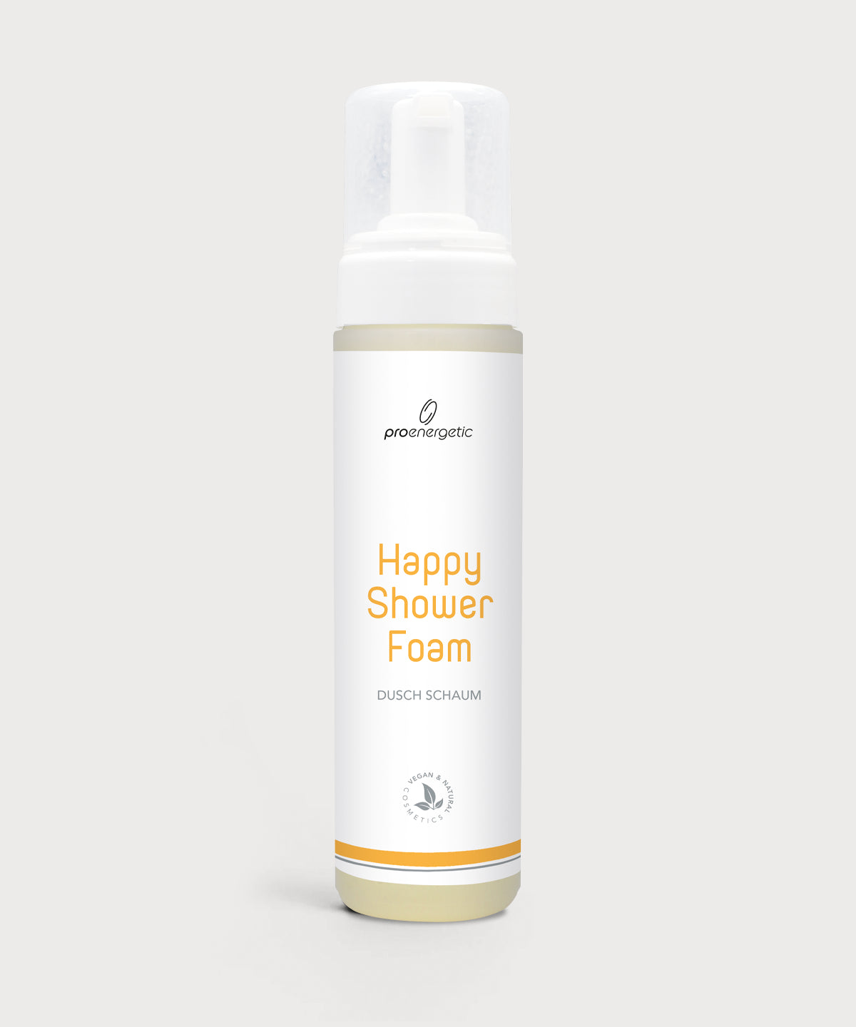 Weiße Happy Shower Foam Flasche von ProEnergetic mit Pumpspender und gelber Beschriftung.