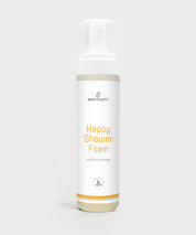 Weiße Happy Shower Foam Flasche von ProEnergetic mit Pumpspender und gelber Beschriftung.