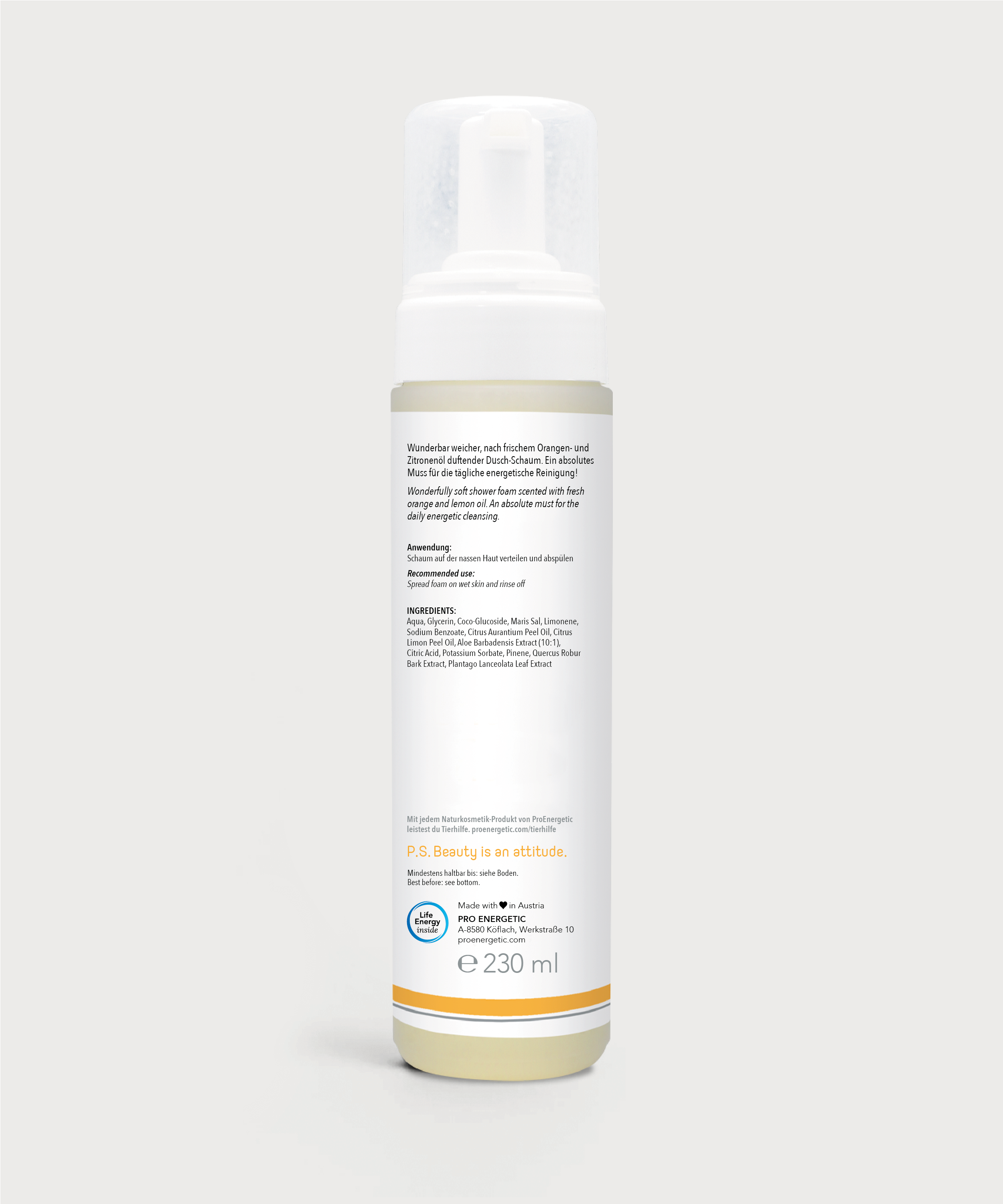 Rückseite der Happy Shower Foam Flasche von ProEnergetic mit Produktinformationen und 230 ml Angabe.
