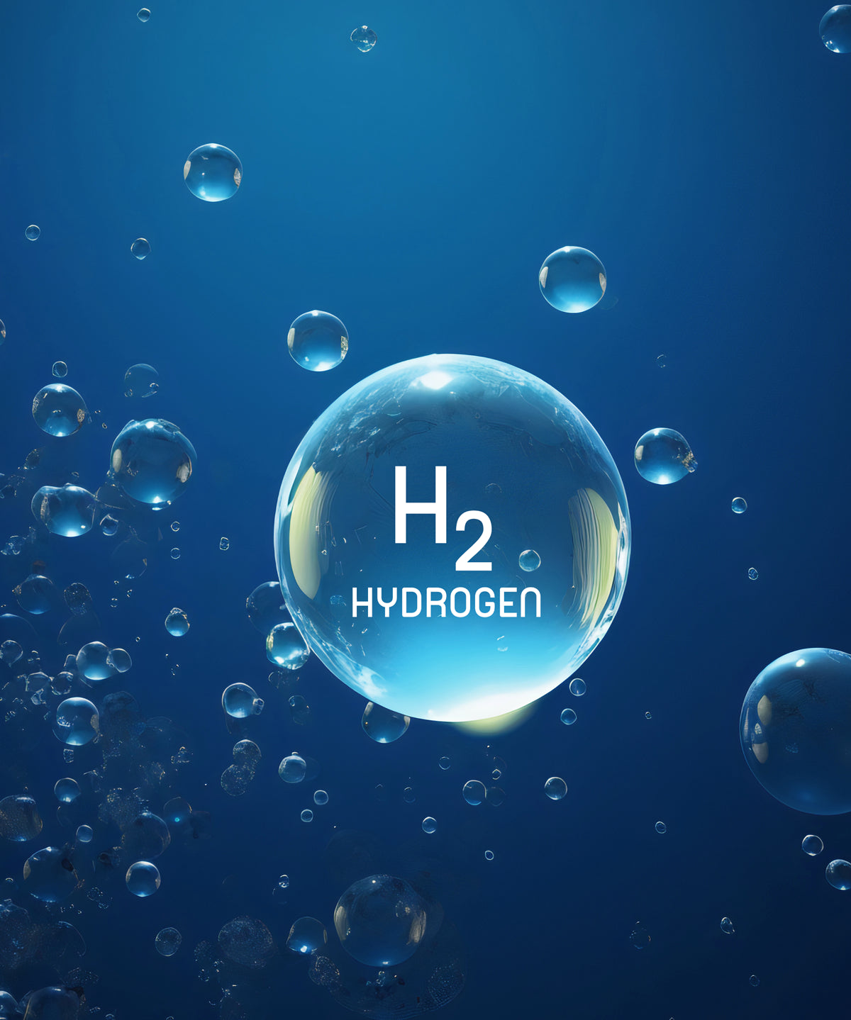 Blau hinterlegte Wasserblasen mit zentraler Kugel und Aufschrift H2 Hydrogen auf dunklem Hintergrund.