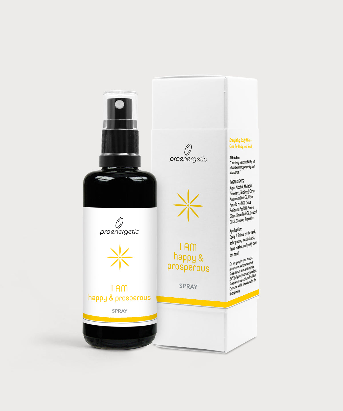 Schwarze Glasflasche I am happy and prosperous Spray von ProEnergetic neben weißer Produktverpackung mit gelbem Sternsymbol.
