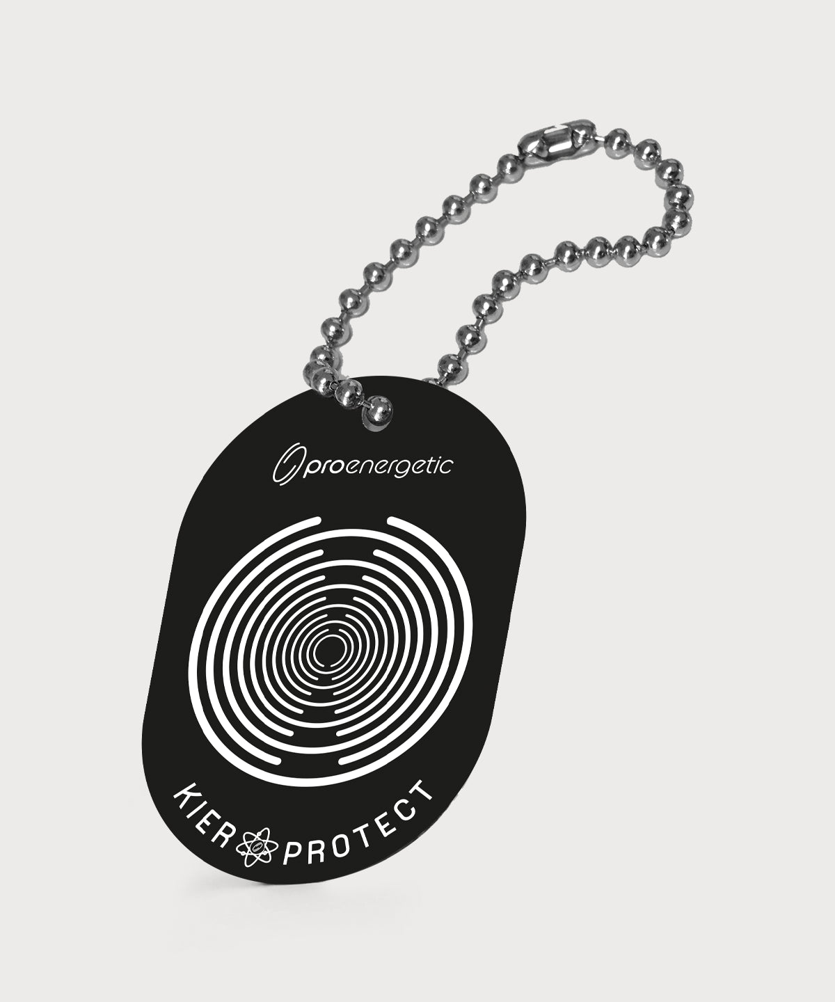 Black KIER Protect pendant with a ball chain and a white circle design on a light background