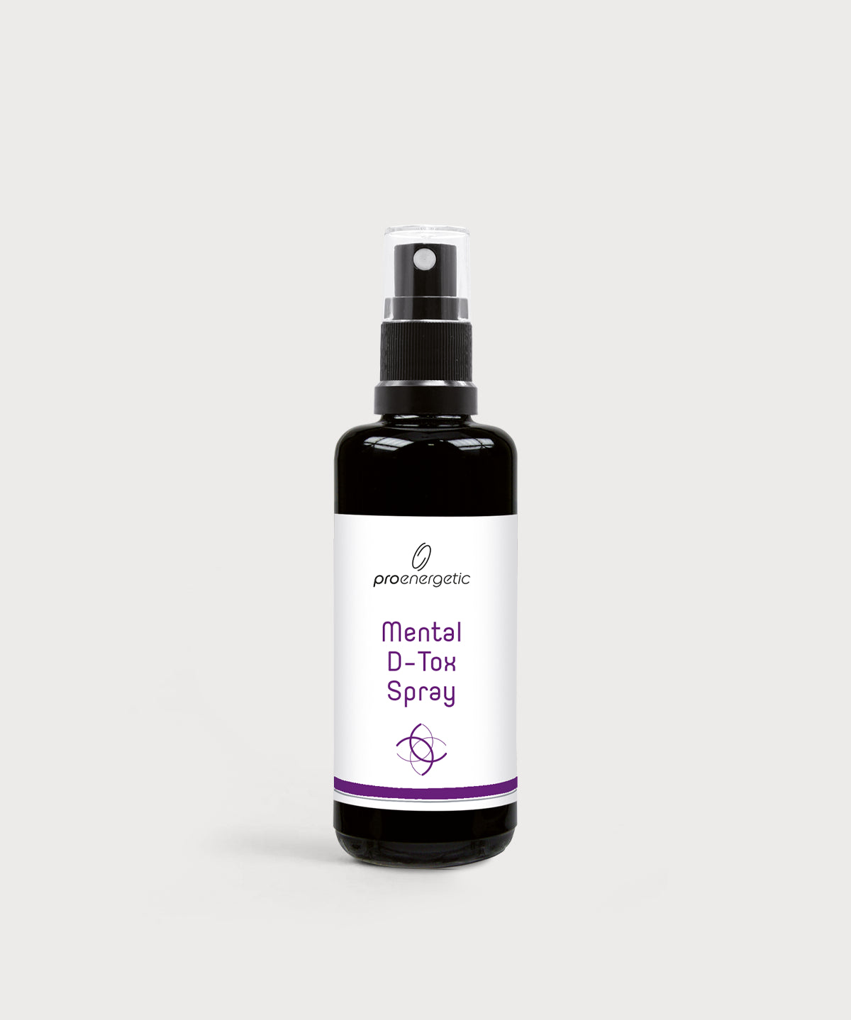 Schwarze Glasflasche Mental D-Tox Spray von ProEnergetic mit Pumpsprühkopf und weißem Etikett mit violettem Akzent.