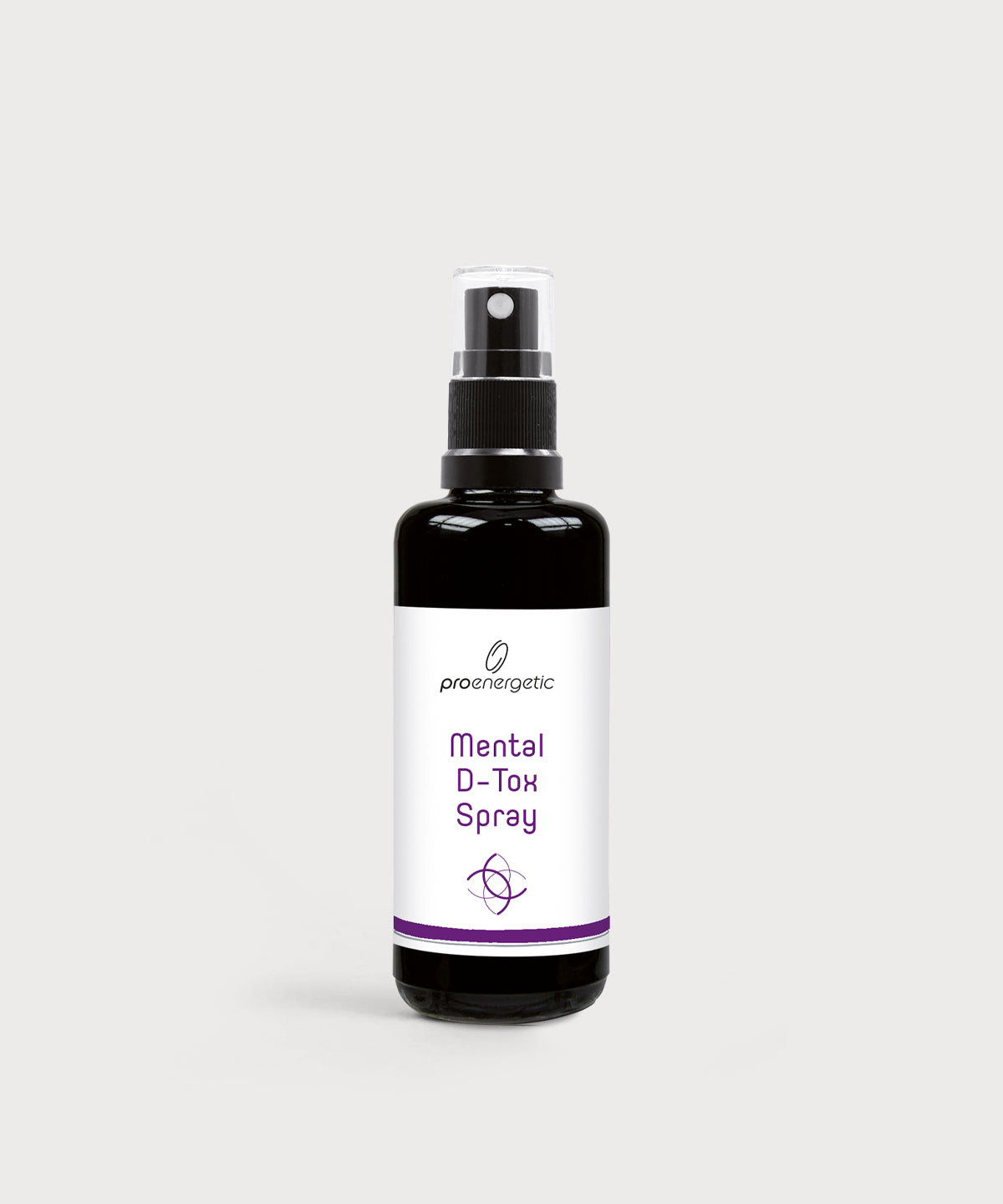Schwarze Glasflasche Mental D-Tox Spray von ProEnergetic mit Pumpsprühkopf und weißem Etikett mit violettem Akzent.