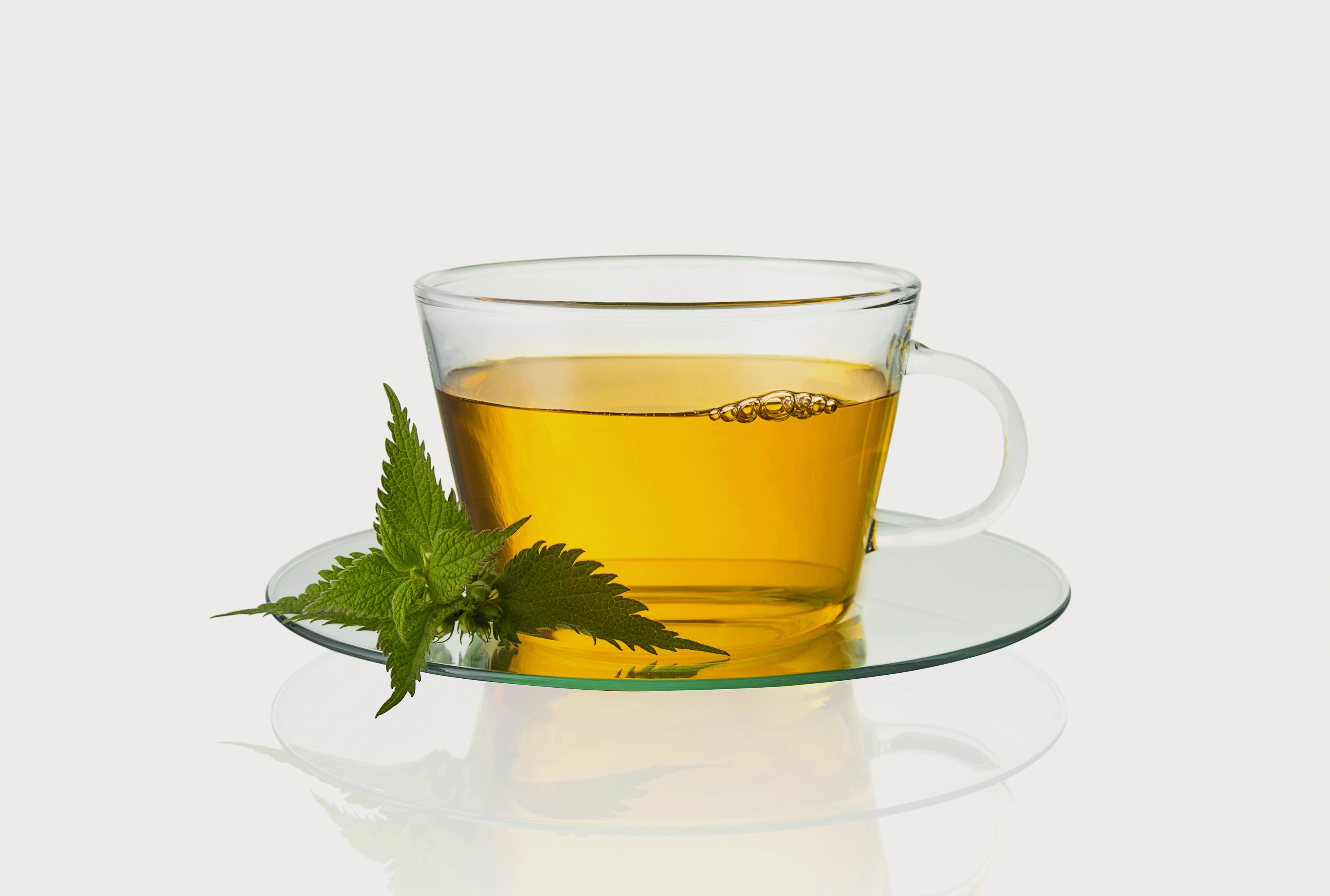 Gläserne Teetasse mit goldfarbenem Tee auf Untertasse, daneben frische grüne Blätter auf hellem Hintergrund.