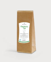 Braune Papierverpackung Metabolic Tea von ProEnergetic mit aufrechtem Stand und weißem Etikett mit Produktname