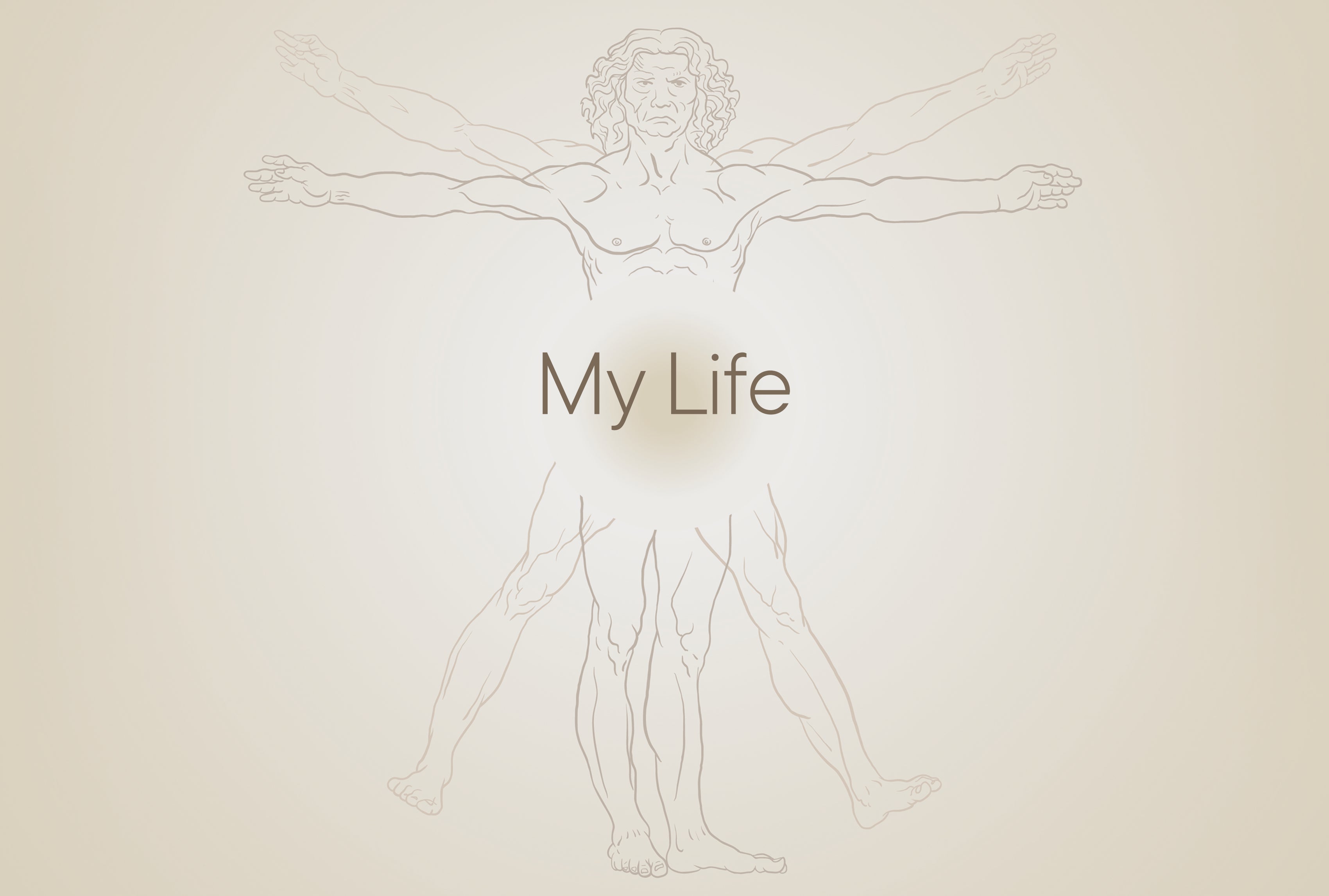 Grafische Darstellung eines menschlichen Körpers mit mehreren Arm und Beinpositionen und Schriftzug My Life.