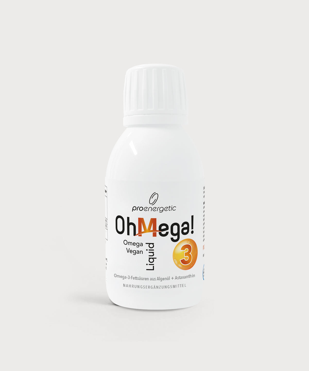Weiße Flasche „OhMega! Omega 3 Liquid“ von proenergetic vor hellem Hintergrund, mit Schraubverschluss und orangefarbenem „3“-Symbol auf dem Etikett.