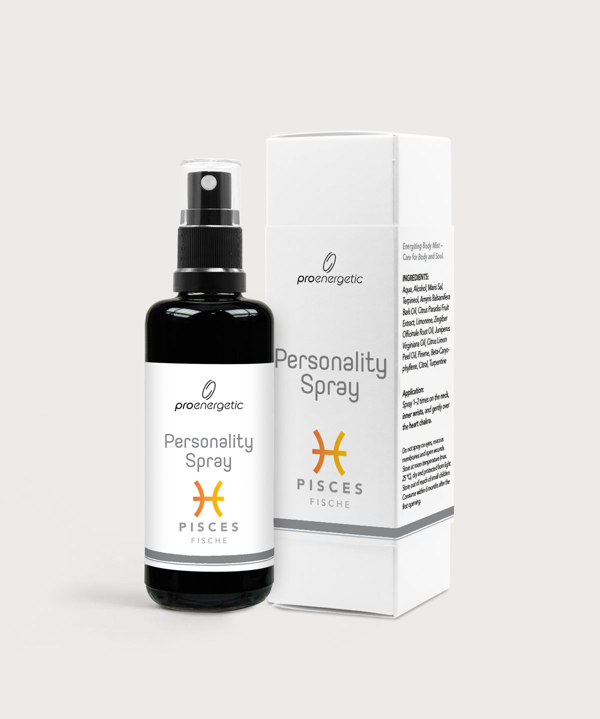 Schwarze Glasflasche Personality Spray Fische von ProEnergetic neben weißer Produktverpackung mit Sternzeichen Symbol.