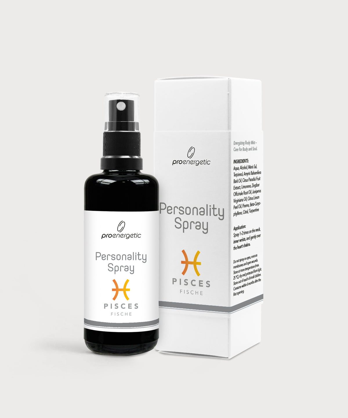 Schwarze Glasflasche Personality Spray Fische von ProEnergetic neben weißer Produktverpackung mit Sternzeichen Symbol.