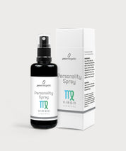 Schwarze Glasflasche Personality Spray Jungfrau von ProEnergetic neben weißer Produktverpackung mit Sternzeichen Symbol.