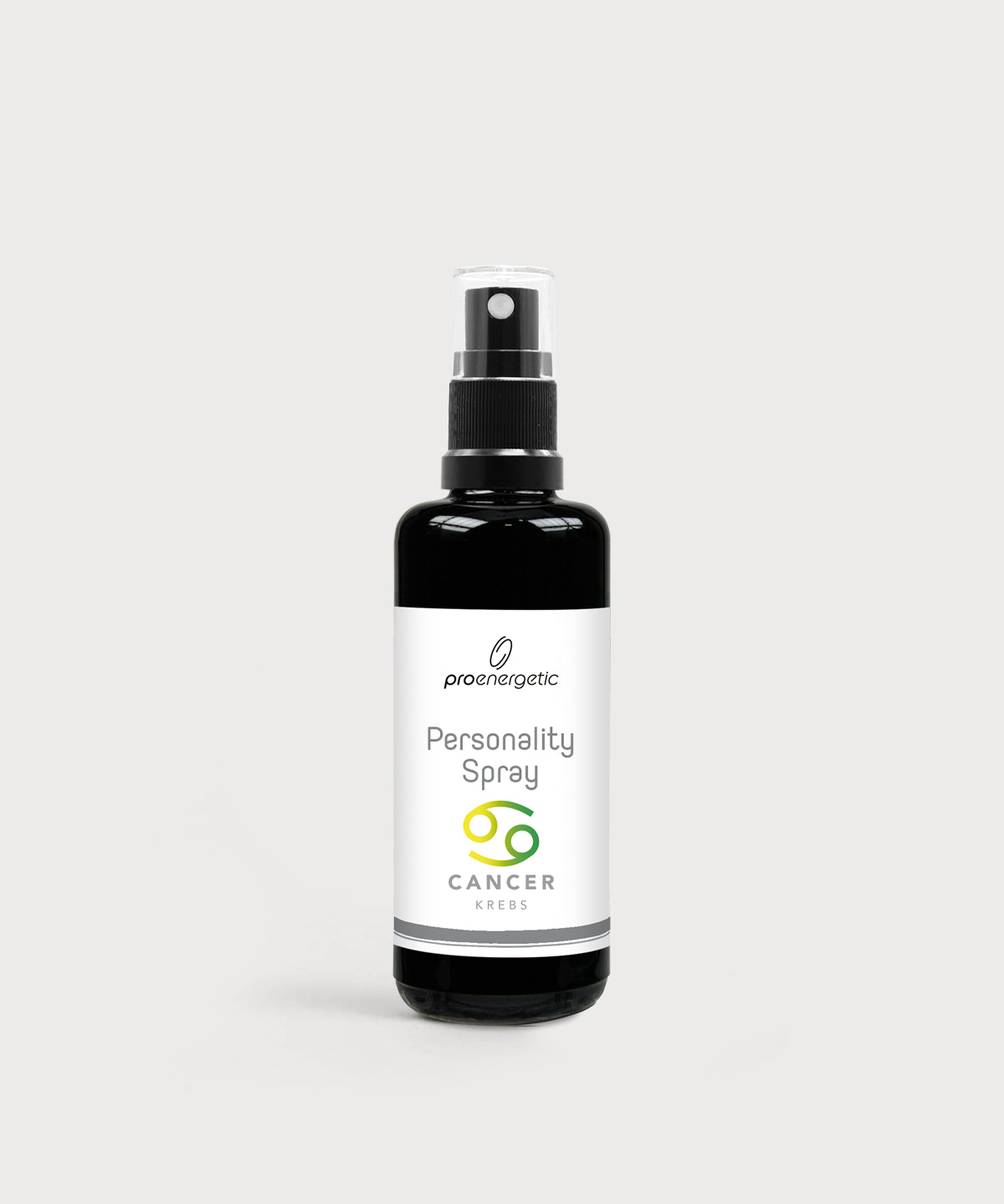 Schwarze Glasflasche Personality Spray Krebs von ProEnergetic mit Pumpsprühkopf und weißem Etikett.