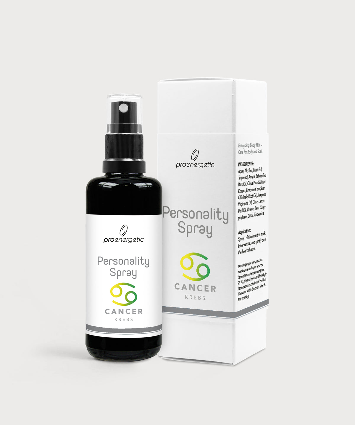 Schwarze Glasflasche Personality Spray Krebs von ProEnergetic neben weißer Produktverpackung mit Sternzeichen Symbol.