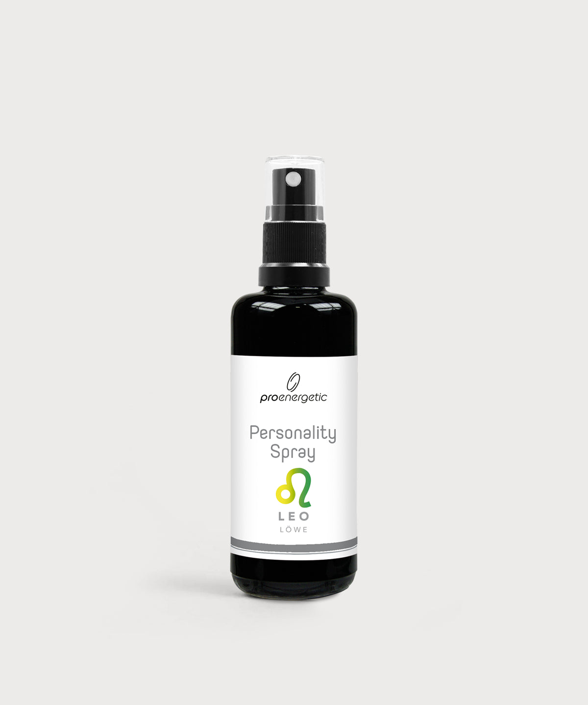 Schwarze Glasflasche Personality Spray Löwe von ProEnergetic mit Pumpsprühkopf und weißem Etikett.