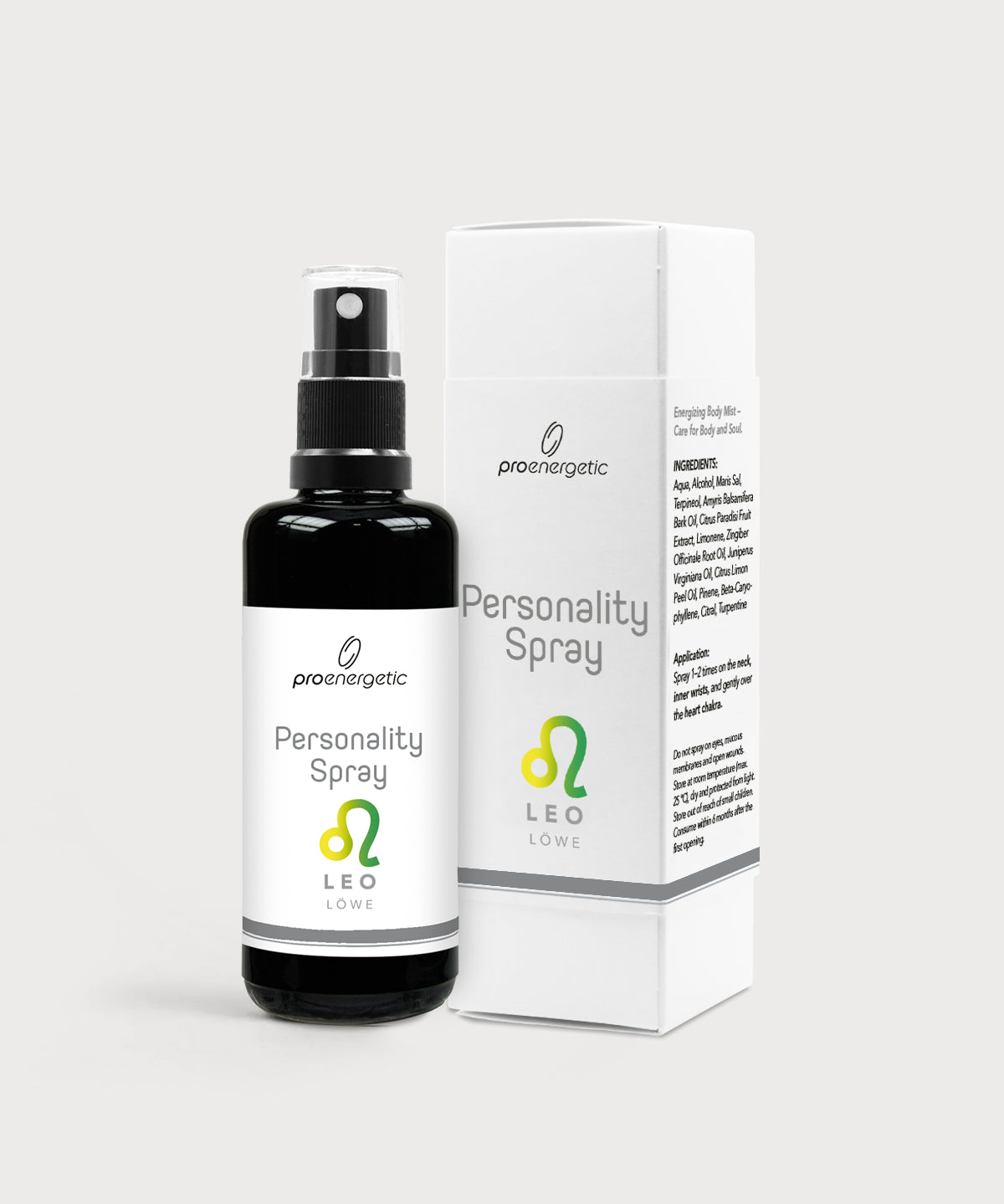 Schwarze Glasflasche Personality Spray Löwe von ProEnergetic neben weißer Produktverpackung mit Sternzeichen Symbol.