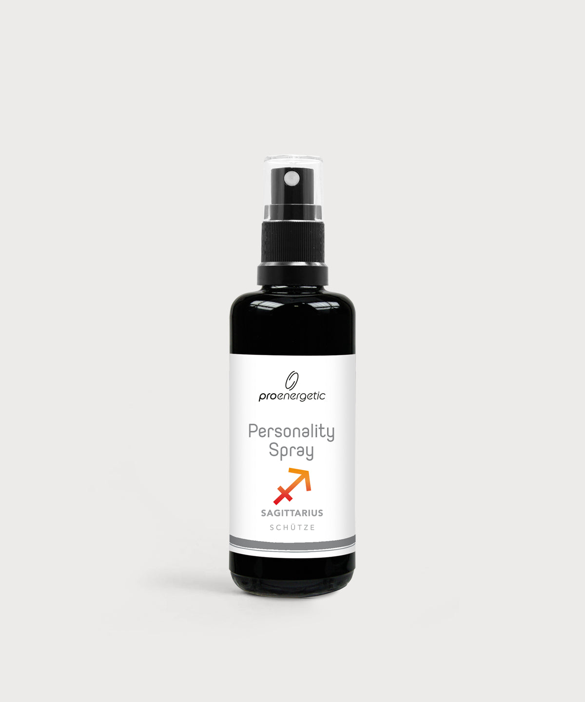 Schwarze Glasflasche Personality Spray Schütze von ProEnergetic mit Pumpsprühkopf und weißem Etikett.