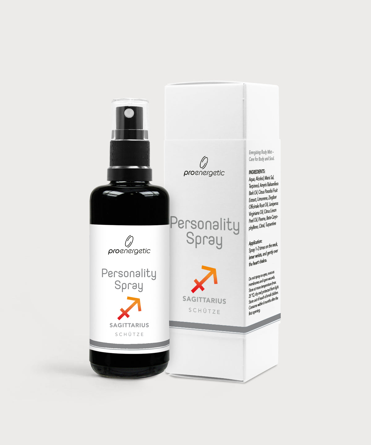 Schwarze Glasflasche Personality Spray Schütze von ProEnergetic neben weißer Produktverpackung mit Sternzeichen Symbol.