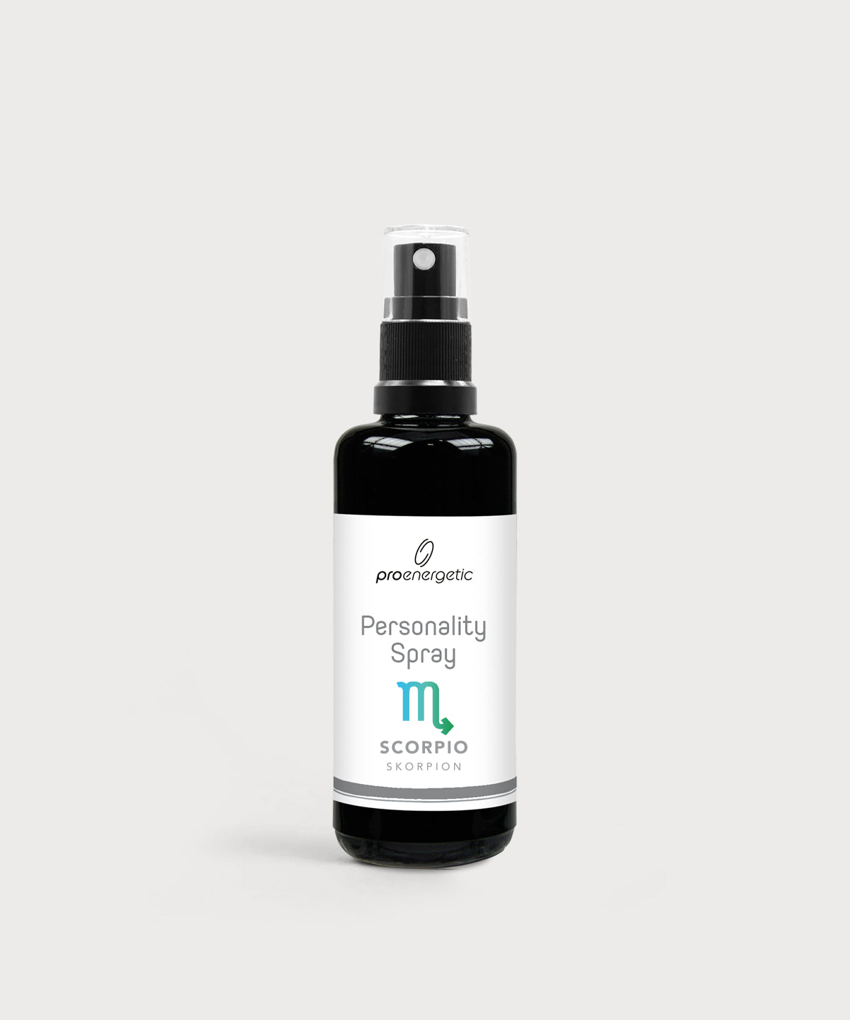 Schwarze Glasflasche Personality Spray Skorpion von ProEnergetic mit Pumpsprühkopf und weißem Etikett.