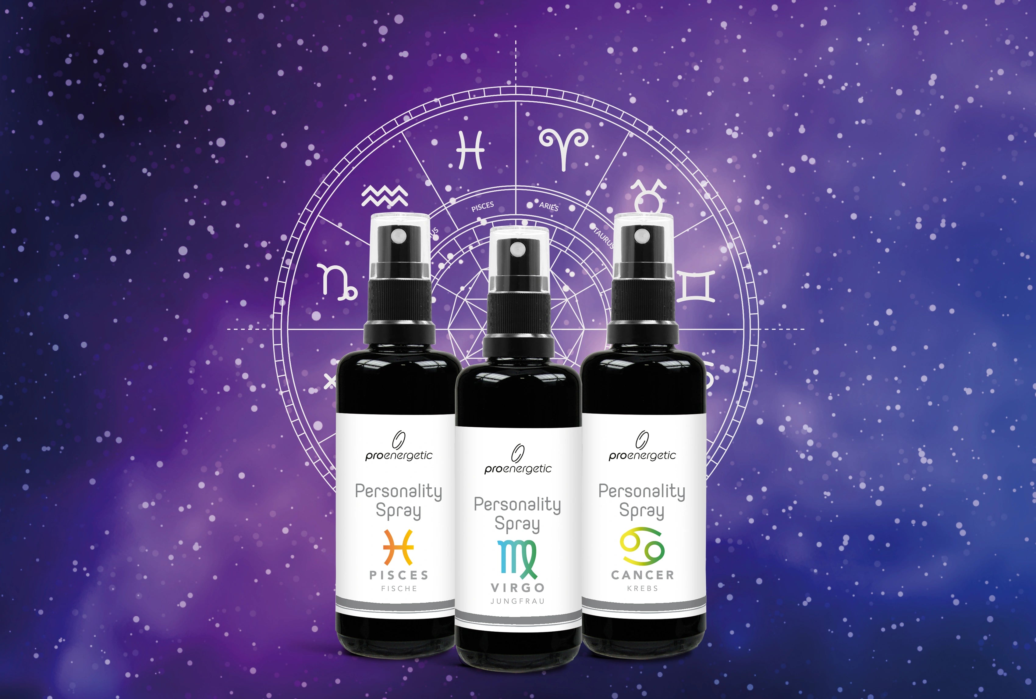 Drei schwarze Personality Spray Flaschen von ProEnergetic vor violettem Hintergrund mit Sternzeichen Symbolen.