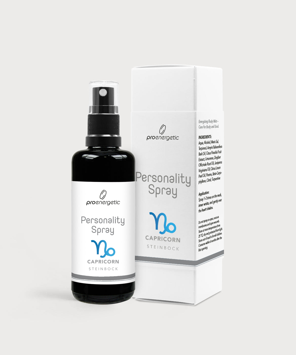 Schwarze Glasflasche Personality Spray Steinbock von ProEnergetic neben weißer Produktverpackung mit Sternzeichen Symbol.
