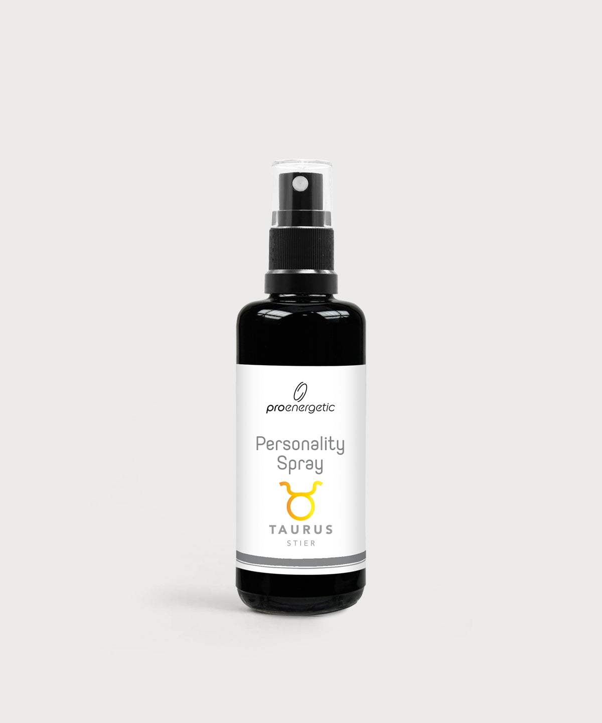 Schwarze Glasflasche Personality Spray Stier von ProEnergetic mit Pumpsprühkopf und weißem Etikett.